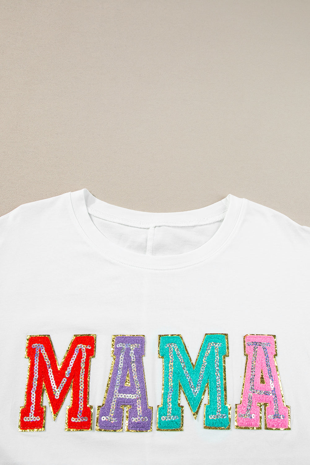 Multicolor MAMA Chenille Patched Crew Neck T Shirt