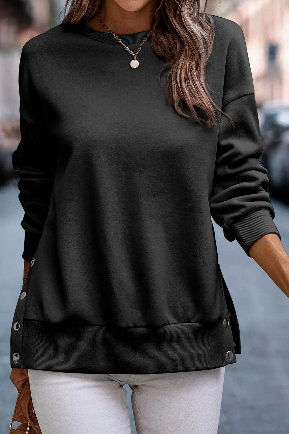 Snap Buttons Side Splits Pullover Sweatshirt