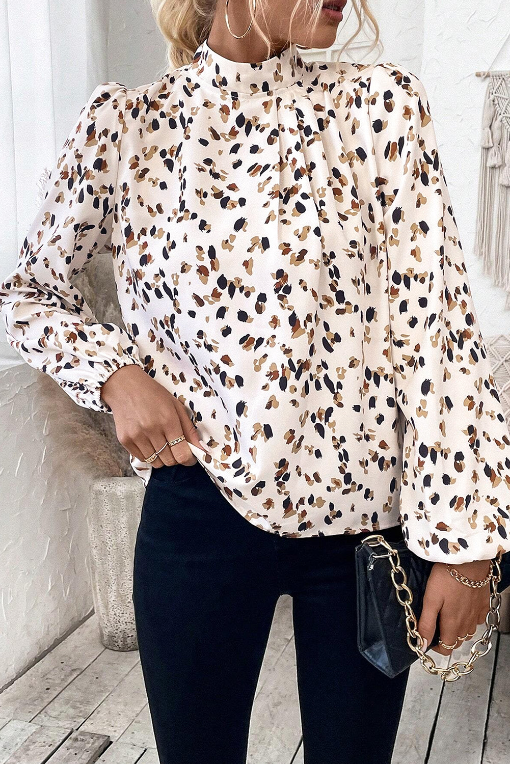 Leopard Print Lantern Sleeve Mock Neck Pleated Blouse