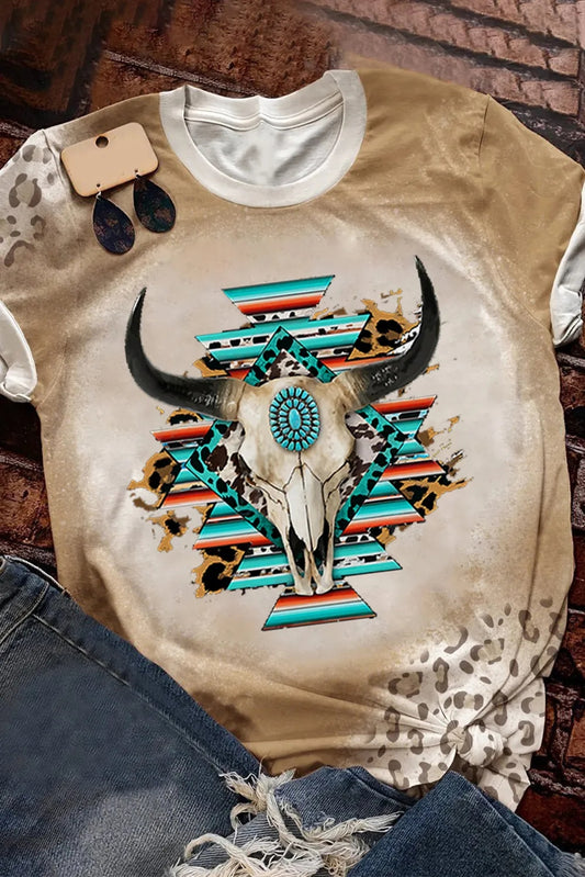 Khaki Western Aztec Steer Head Leopard Crewneck T Shirt