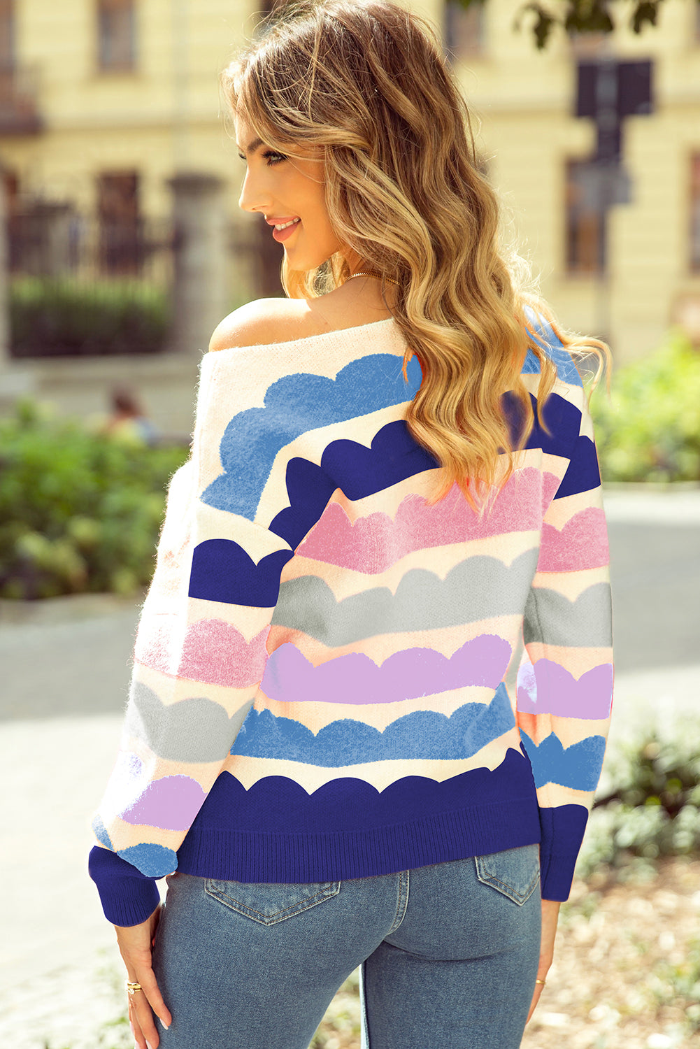 Women's Wave Striped Balloon Sleeve Drop Shoulder Sweater