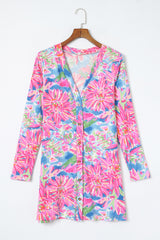 Pink Flower Print Long Sleeve Button Up Cardigan