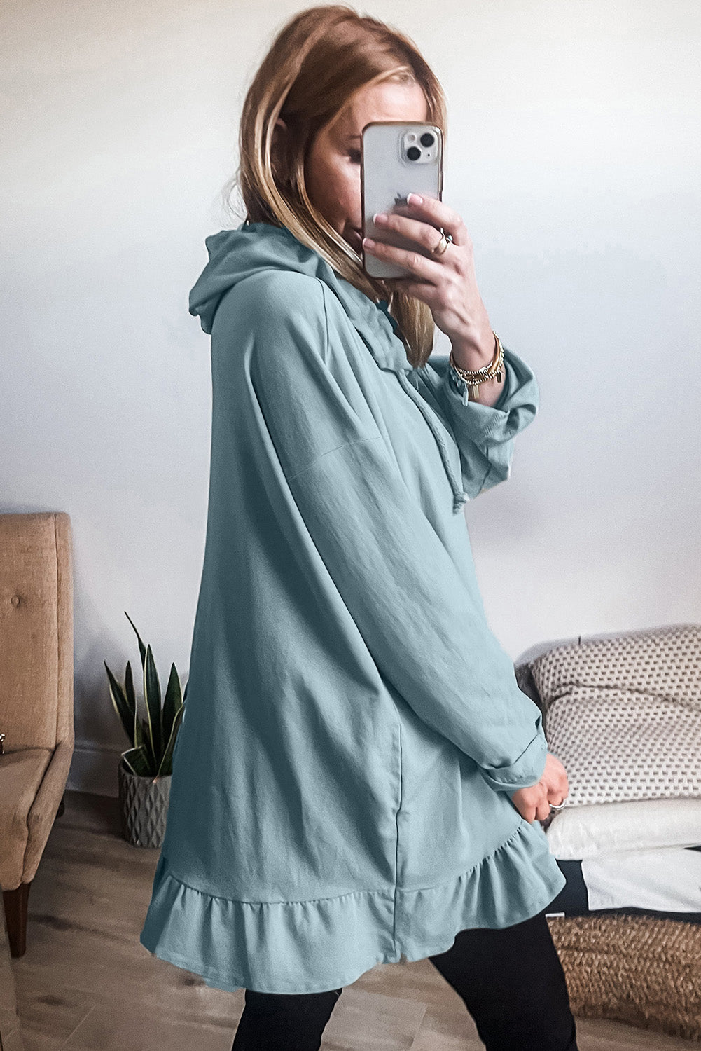 Iceland Blue Solid Ruffled Hem Loose Fit Tunic Hoodie