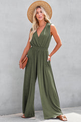 Women's Deep V Pleated Crisscross Wide Leg Backless Jumpsuit