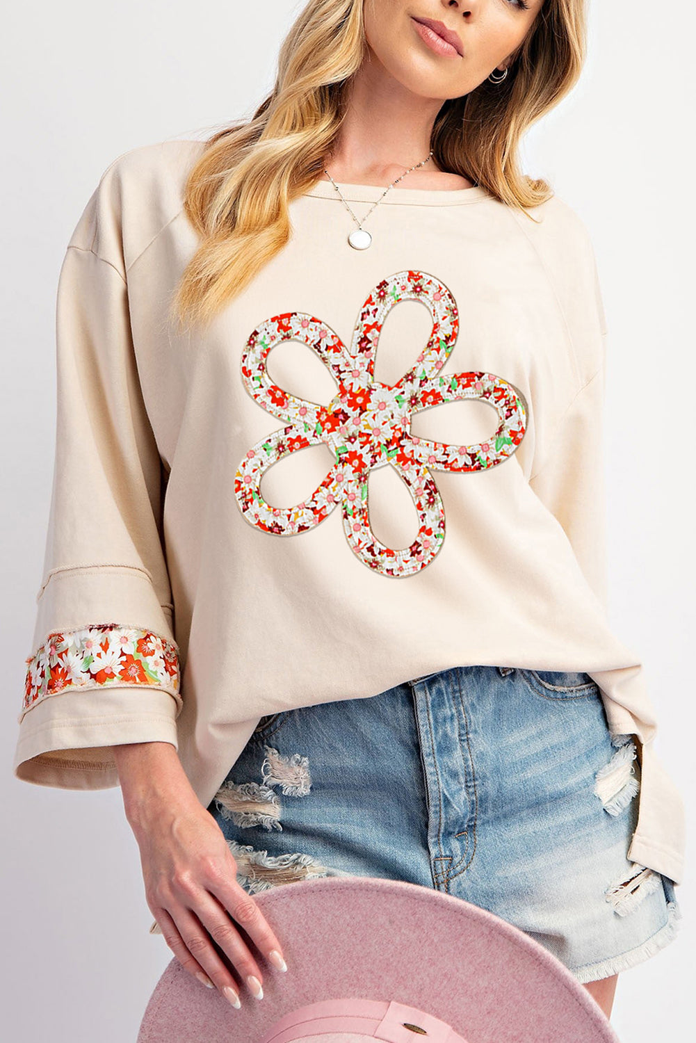 Flower Patch Graphic Exposed Seam Wide Sleeve Top