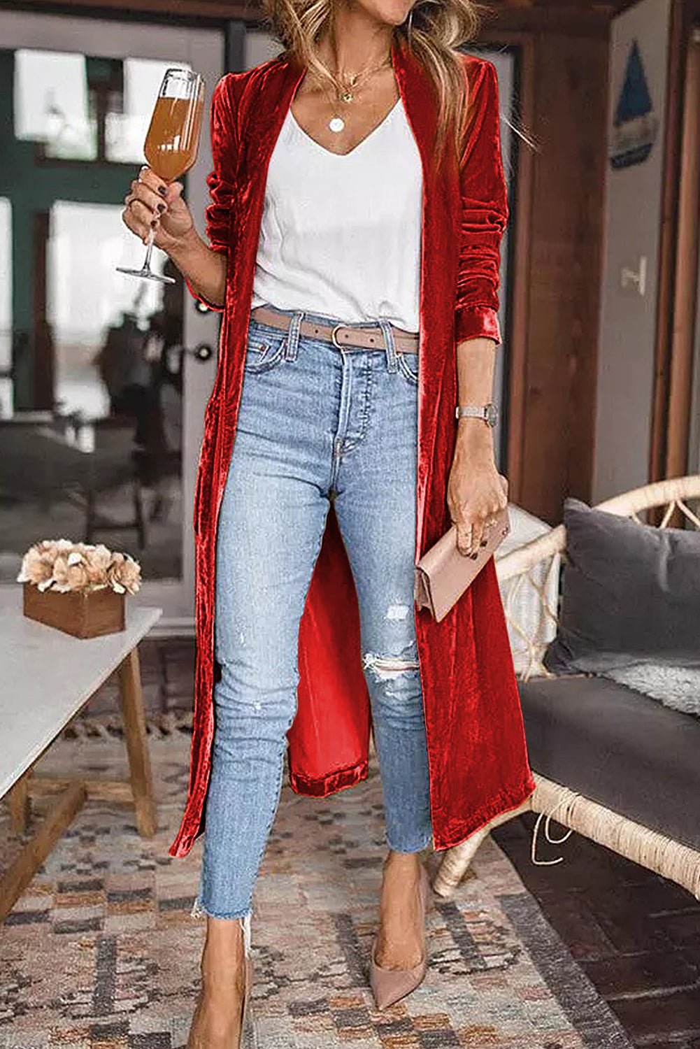 Red Velvet Open Front Pocketed Long Duster