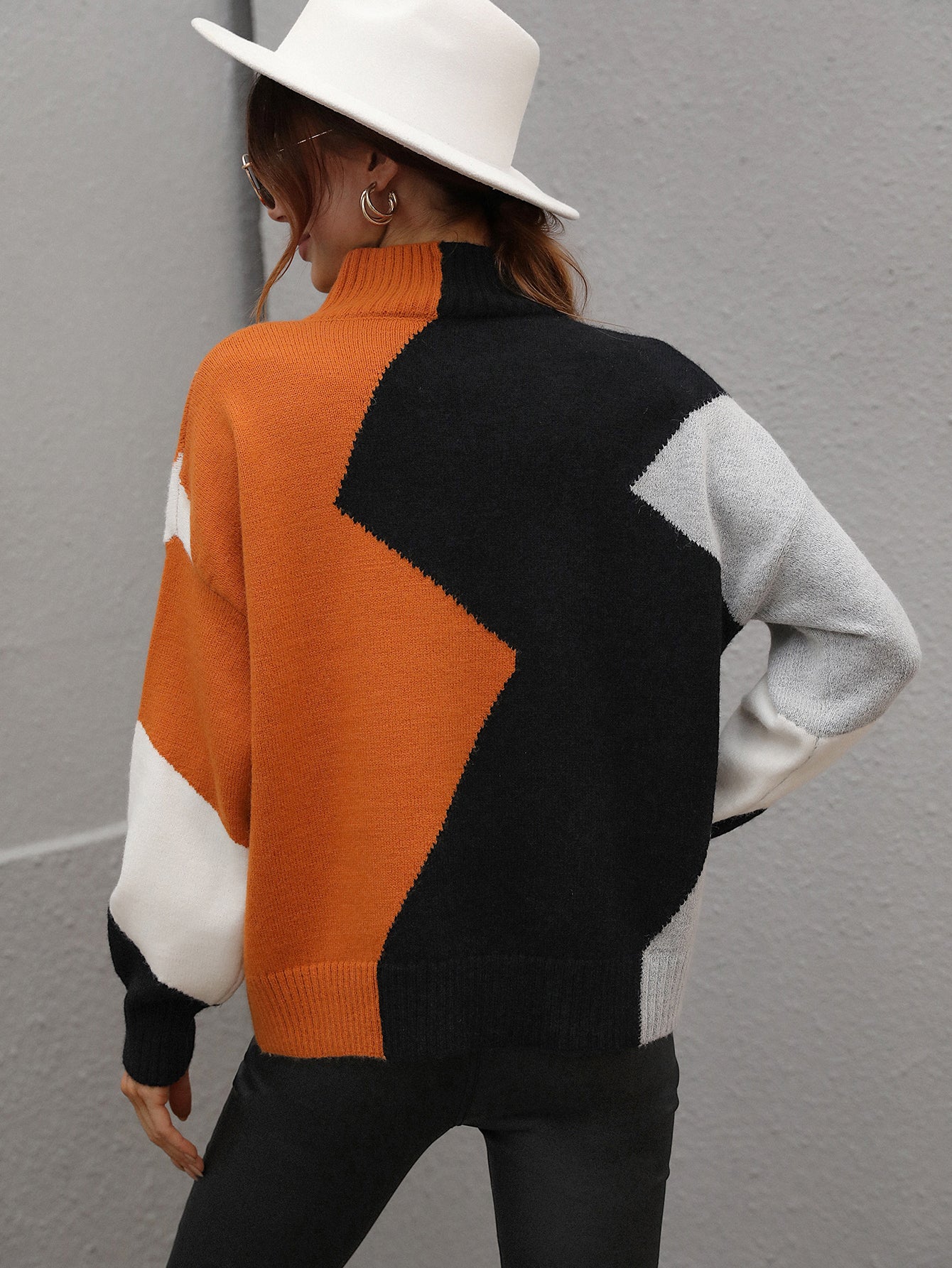 Color Block Patchwork Round Neck Pullover Knit Sweaters