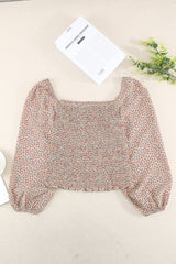 Apricot Square Neck Puff Sleeve Floral Smocked Top