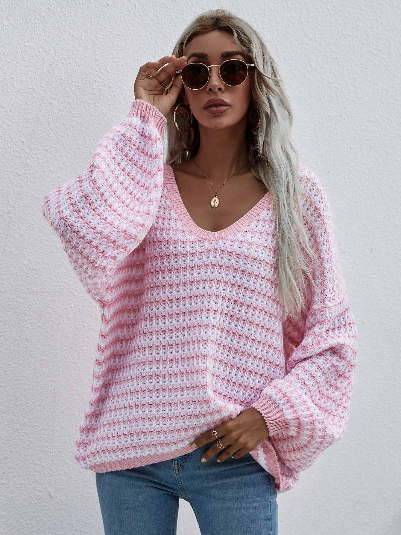 Stripes V-Neck Sleeve Knit Casual Tops Tunic Pullover Sweaters