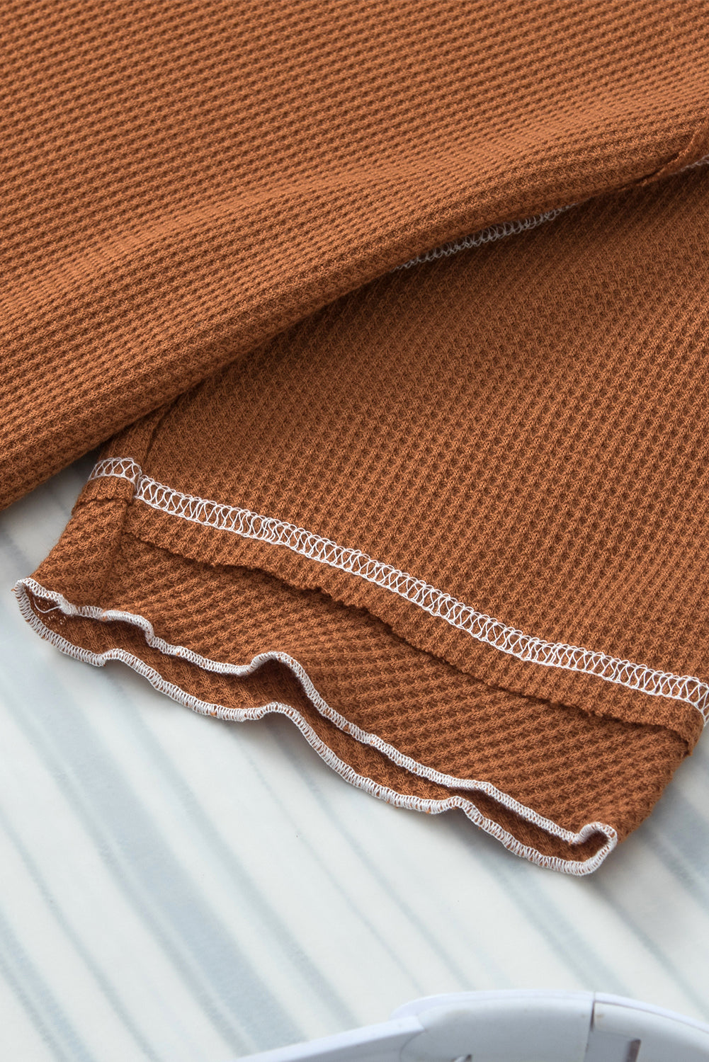 Chestnut Contrast Seam Frilly Edge Waffle Knit T-shirt