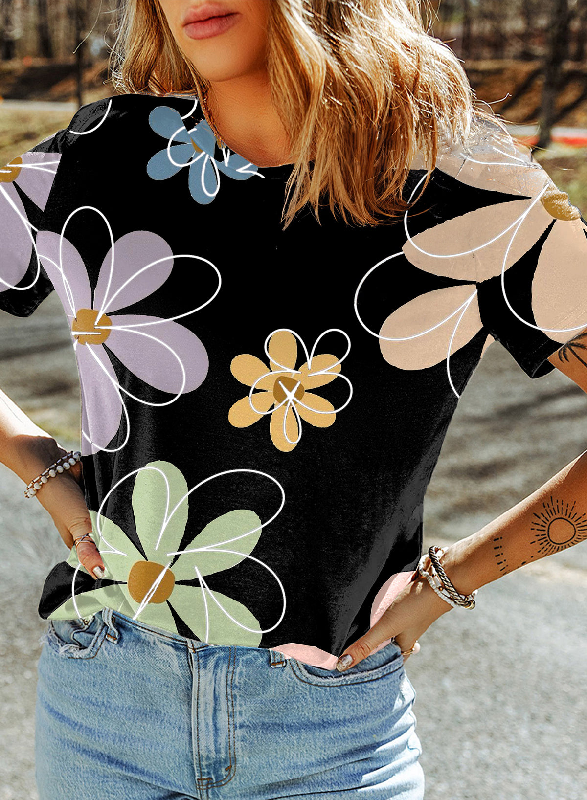 Summer Flower Print Casual Round Neck T Shirt