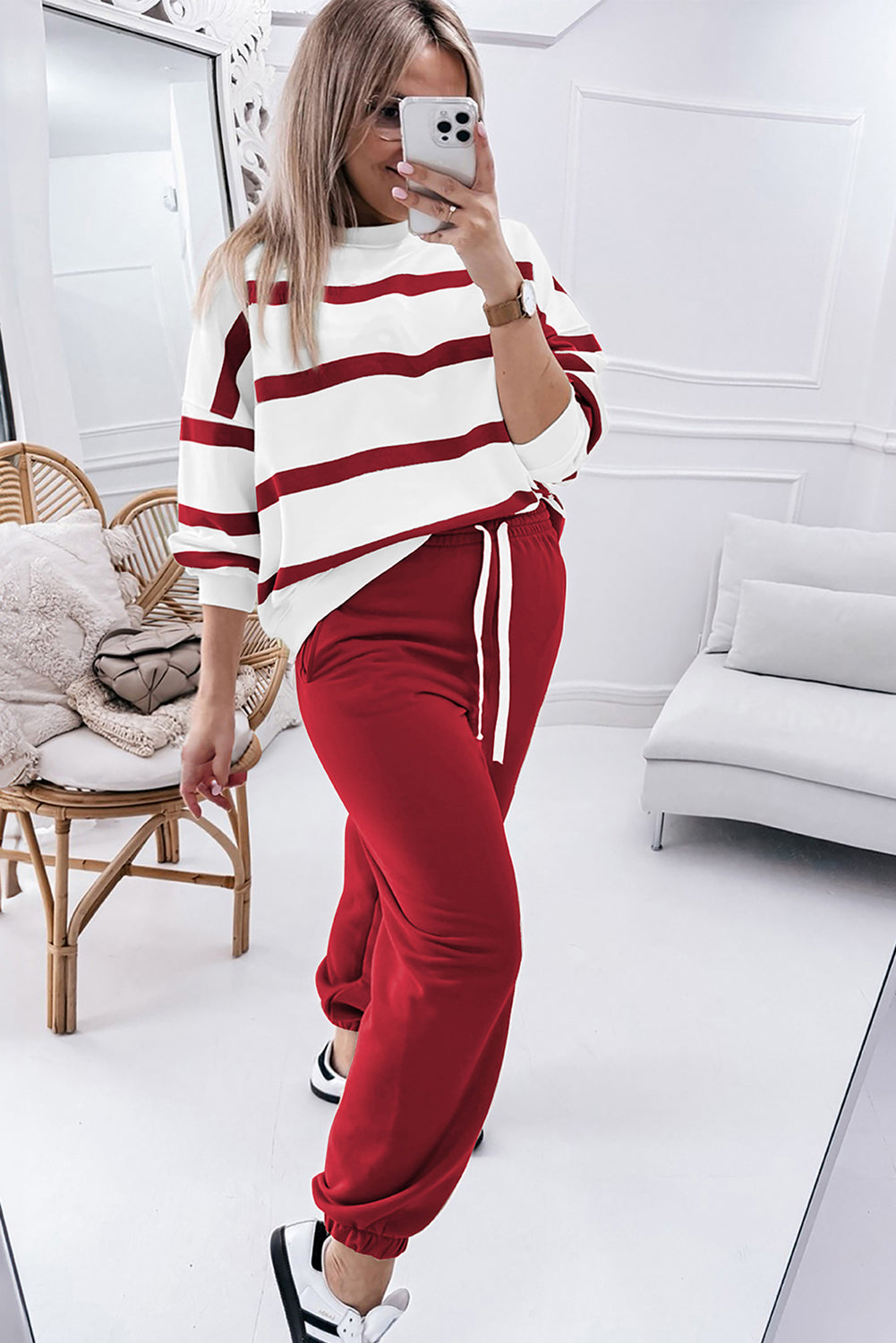 Stripe Drop Shoulder Pullover and Jogger Pants Set