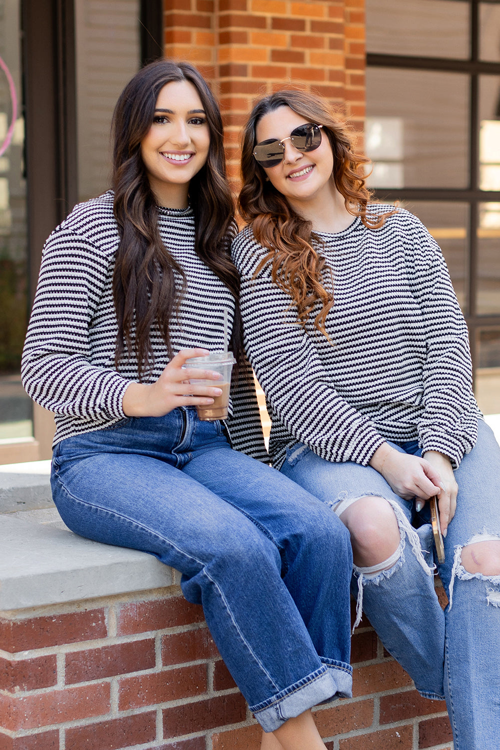 Stripe Round Neck Drop Shoulder Long Sleeve Top