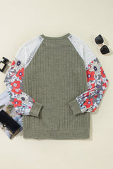 Laurel Green Floral Patchwork Long Sleeve Ribbed Blouse