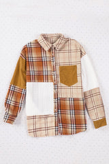 Orange Plaid Color Block Patchwork Shirt Jacket with Pocket