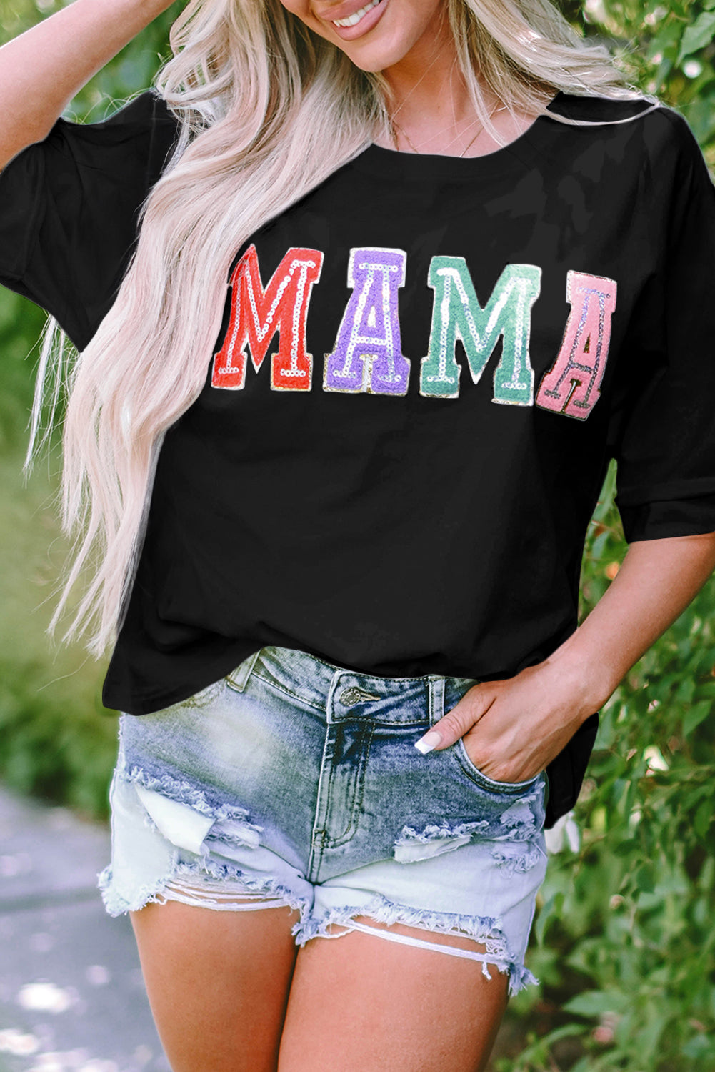 Multicolor MAMA Chenille Patched Crew Neck T Shirt