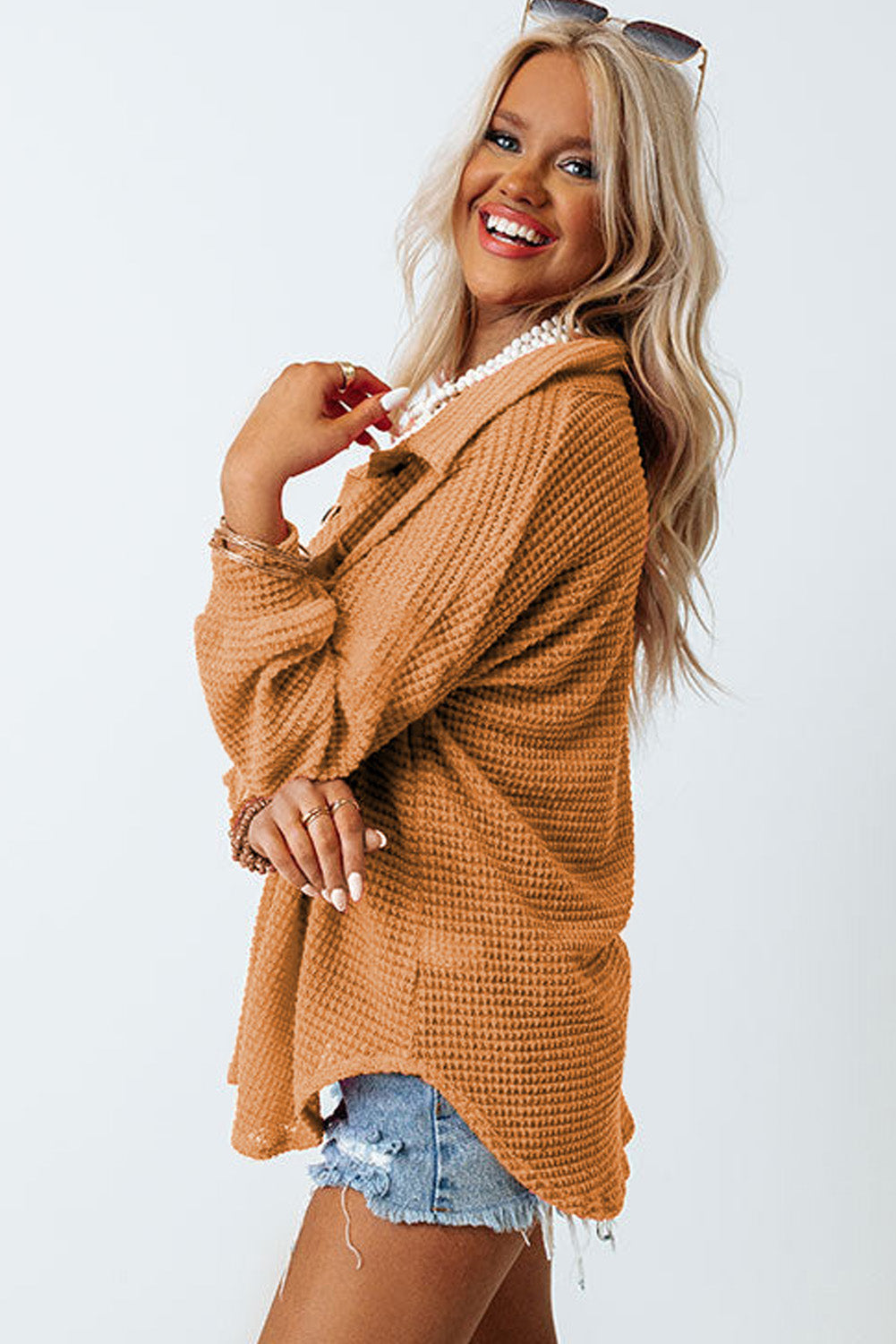 Brown Waffle Knit Button Up Casual Shirt