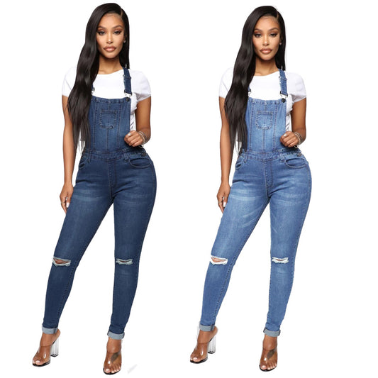 Juniors Denim Stretch Overalls Ripped Distressed Jumpsuit Skinny Fit Jeans Pant