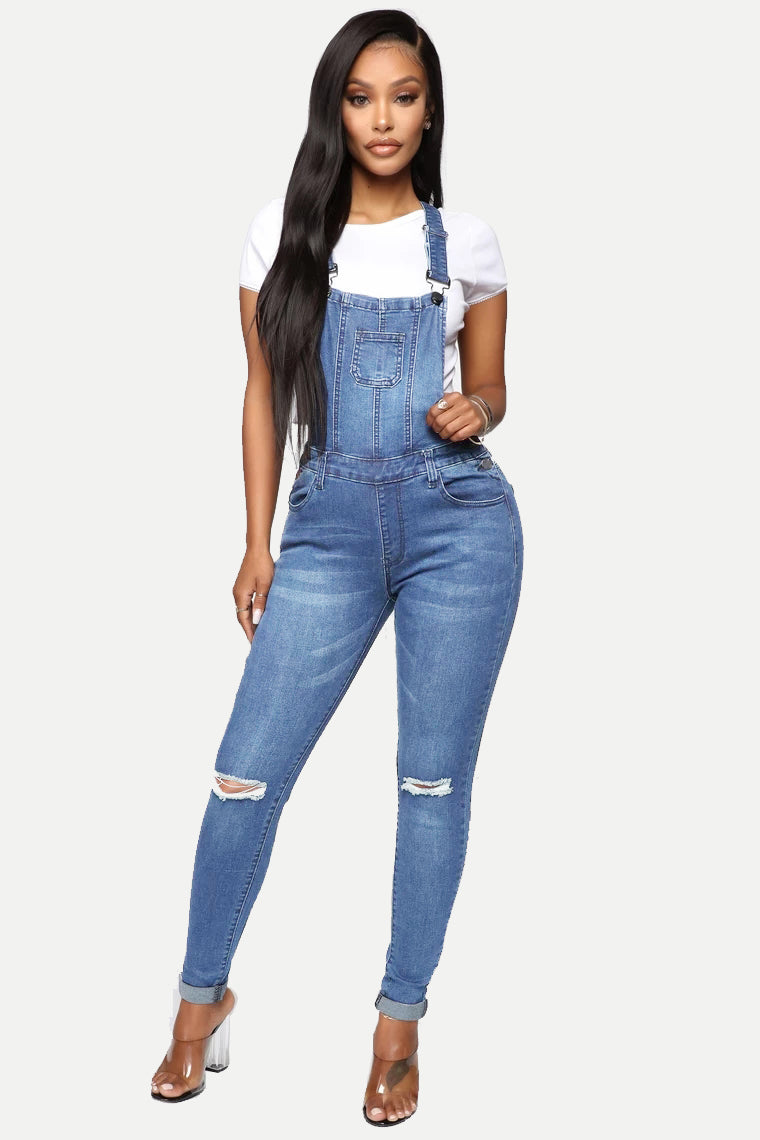 Juniors Denim Stretch Overalls Ripped Distressed Jumpsuit Skinny Fit Jeans Pant