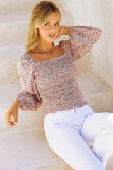 Apricot Square Neck Puff Sleeve Floral Smocked Top