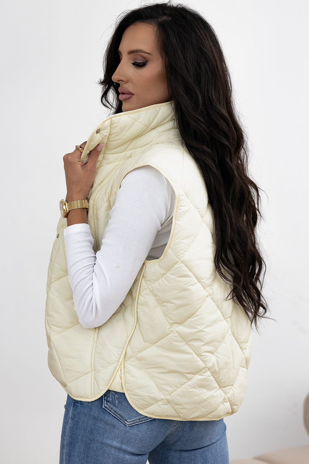 Solid Color Quilted High Neck Button Up Pocket Vest Coat