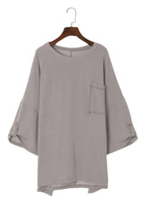 Gray Ribbed Roll-tab Sleeve Chest Pocket Oversize Top