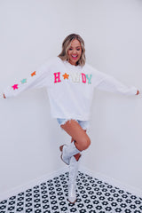 White Glitter Howdy Patch Graphic Casual Sweatshirt