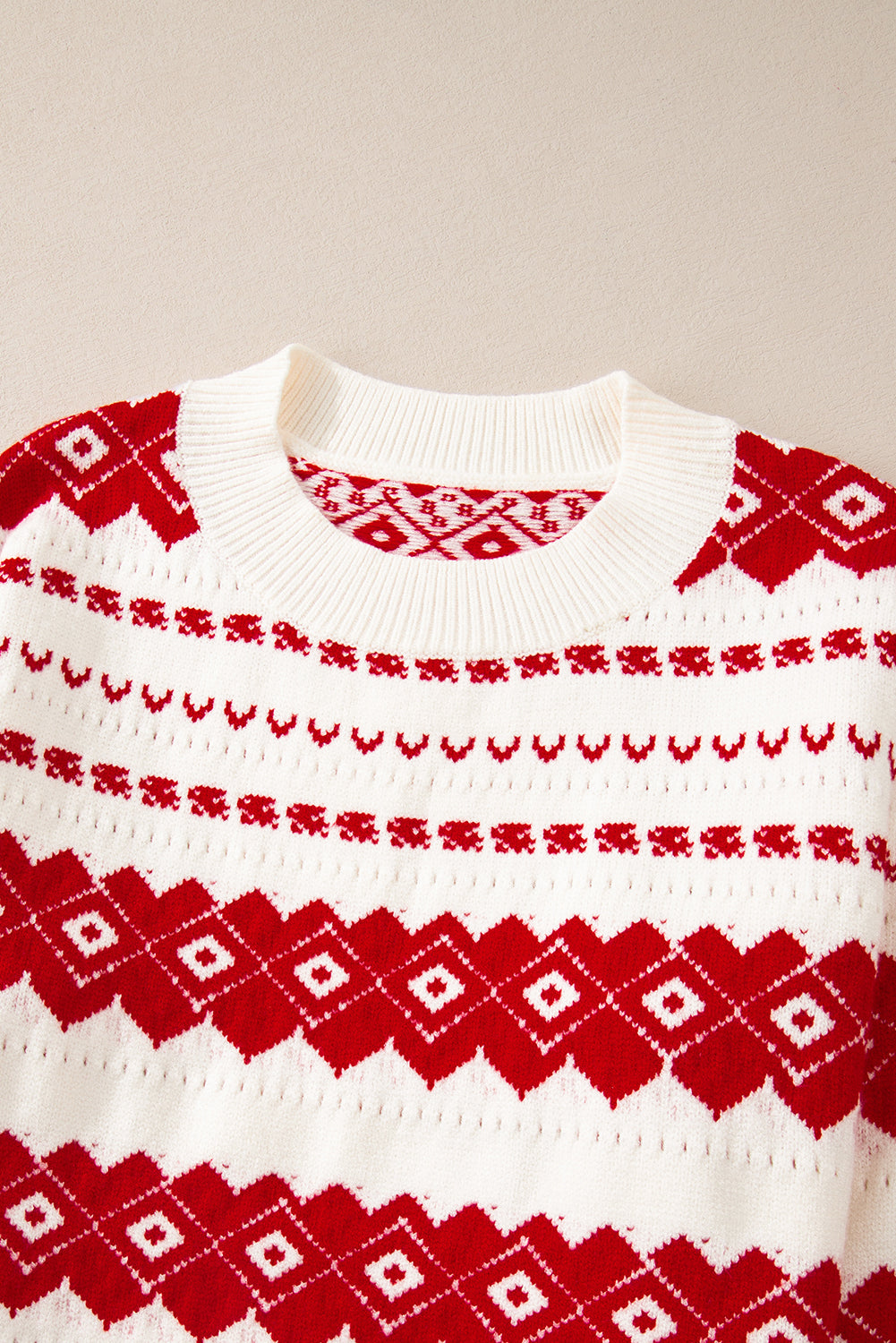 White Western Geometric Patterned Crew Neck Loose Sweater