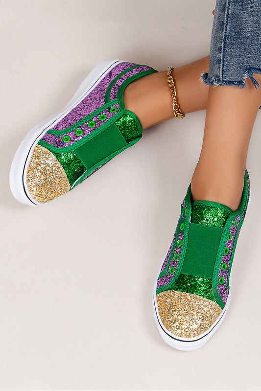 Green Sequin Color Block Slip-on Flat Shoes