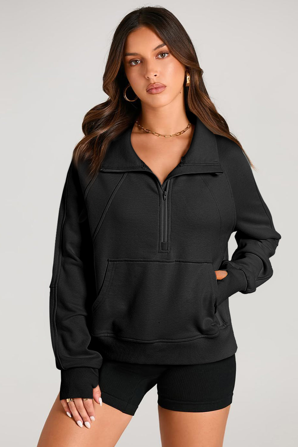 Solid Color Quarter Zip Stand Neck Kangaroo Pocket Sweatshirt