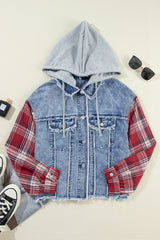 Plaid Print Patchwork Hooded Raw Hem Denim Jacket