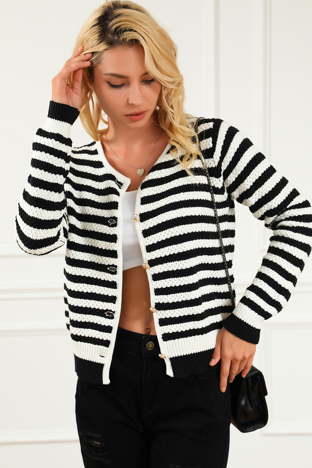 Black Contrast Striped Print Cardigan