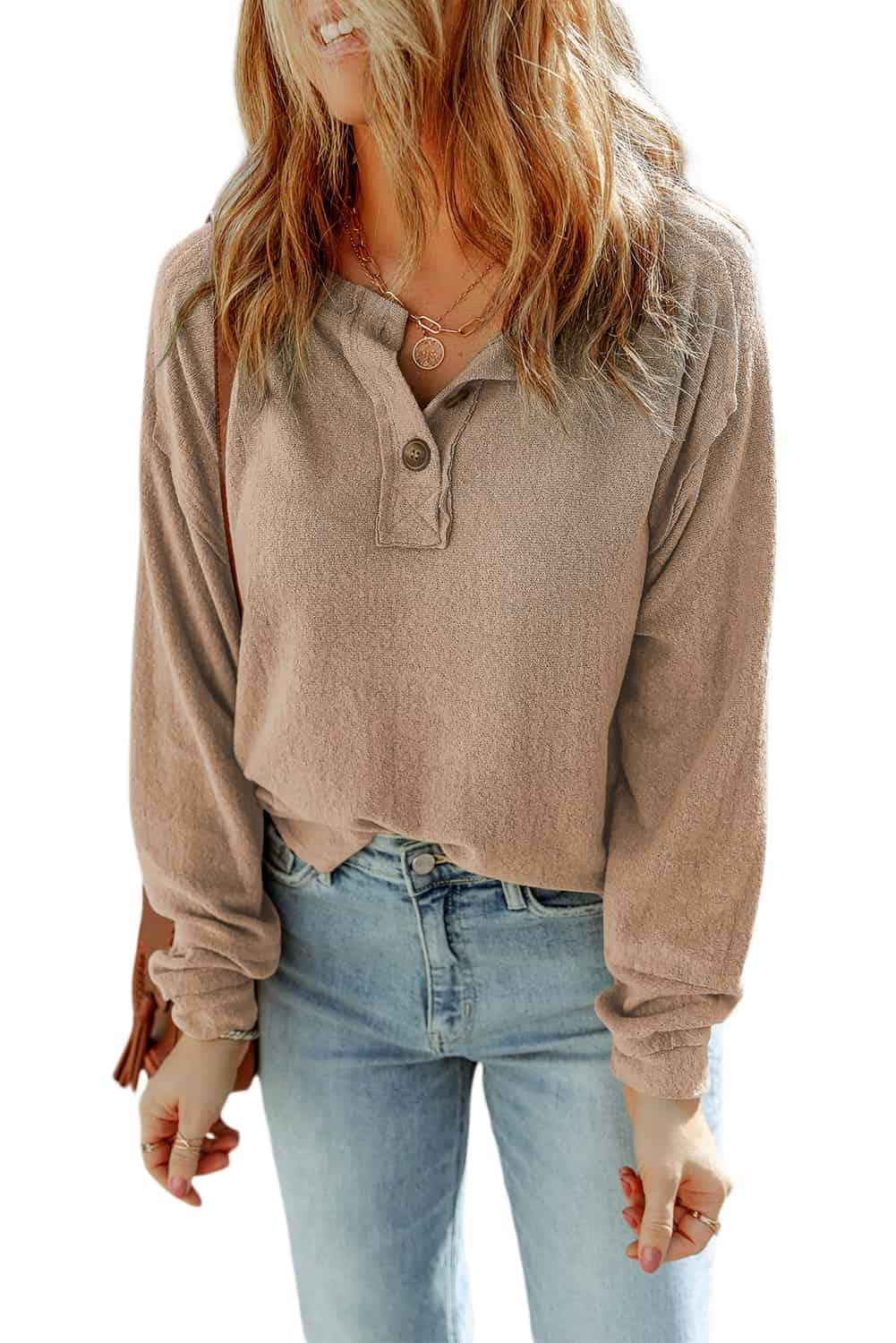 Button Split Neck Retro Patchwork Long Sleeve Top