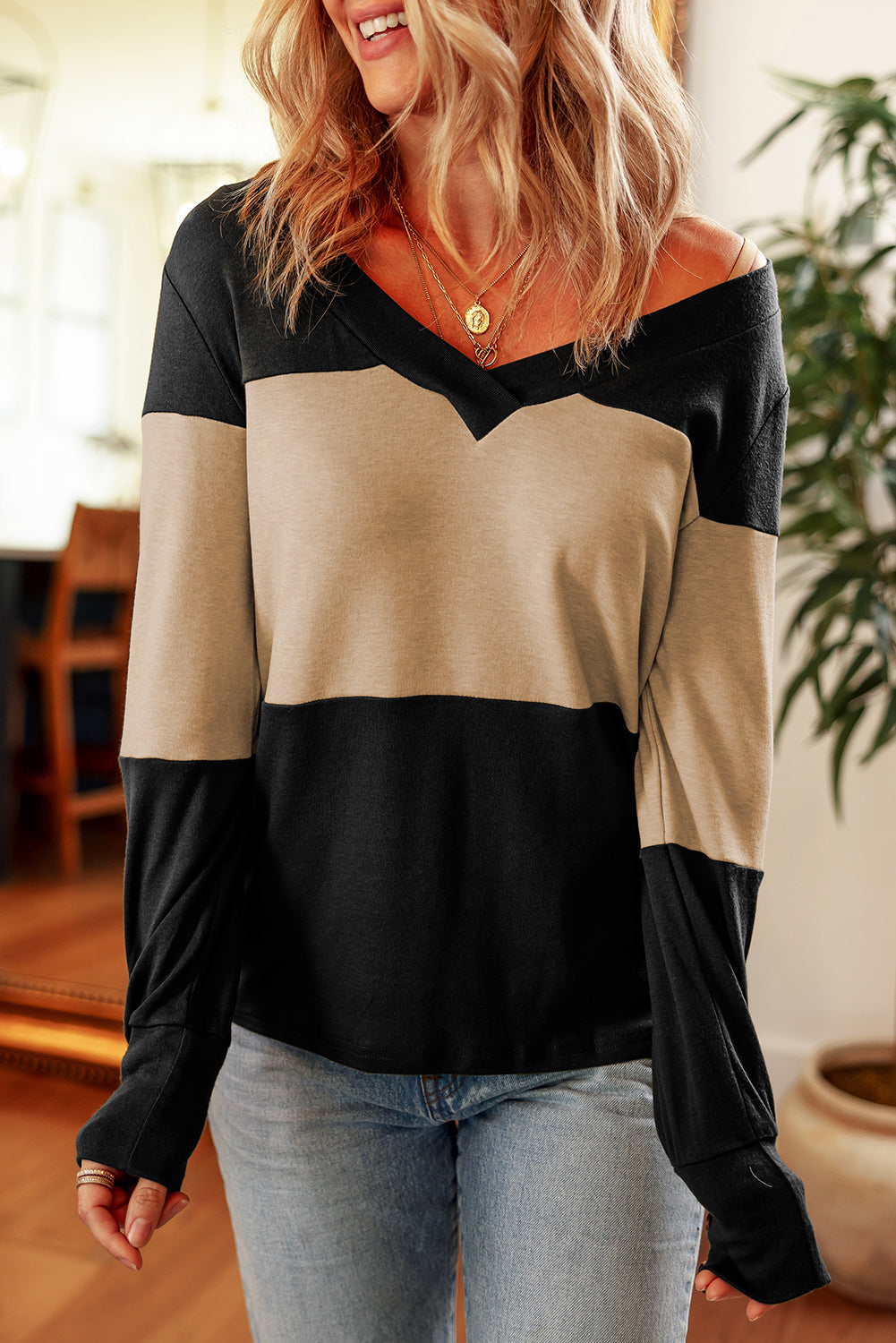 Stripe Colorblock Button Decor Long Sleeve V Neck Top