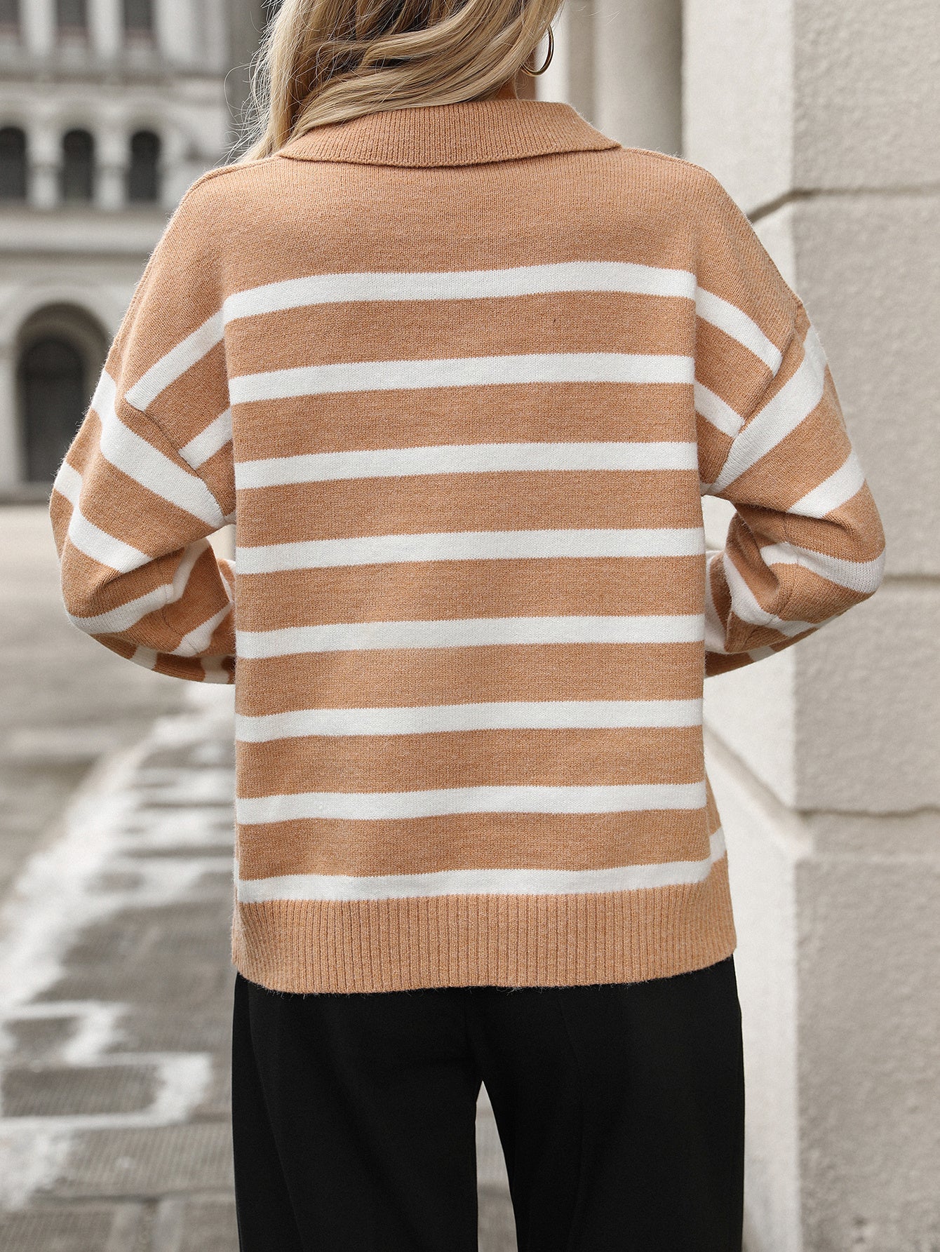 Striped Lapel Loose Plus Size Knitted Sweater Woman