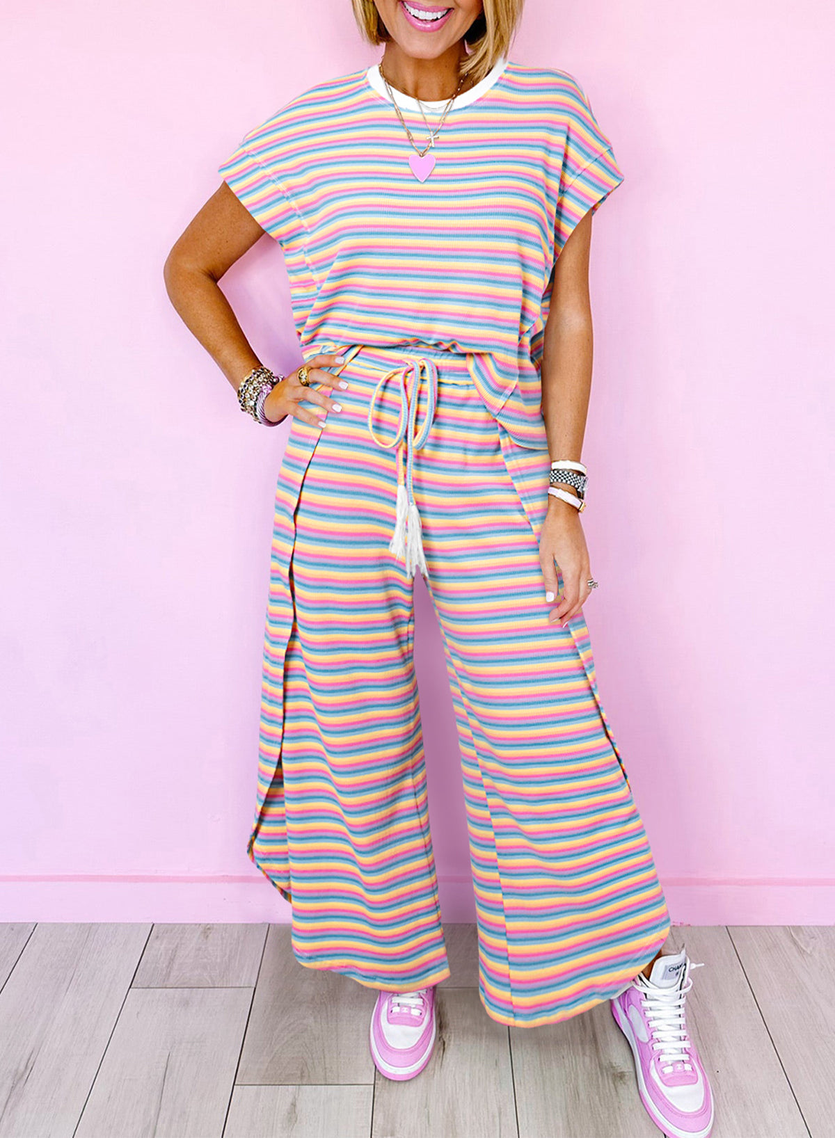 Striped Short Sleeve T-Shirt Wide Leg Pants Discussion Set