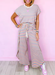 Striped Short Sleeve T-Shirt Wide Leg Pants Discussion Set