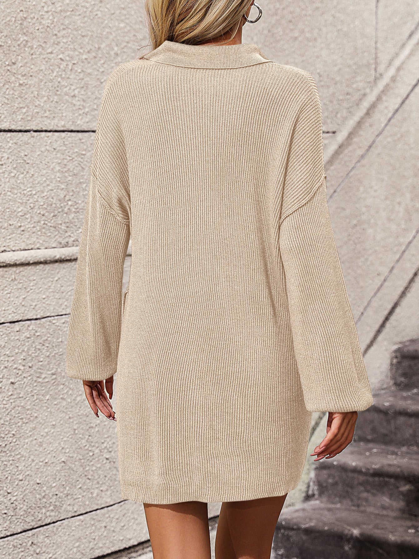 Solid Color Lapel Knit Long Sleeve Mini Sweater Dress