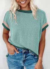 Knitted Crewneck Short-sleeved T-shirt with Contrasting Panels