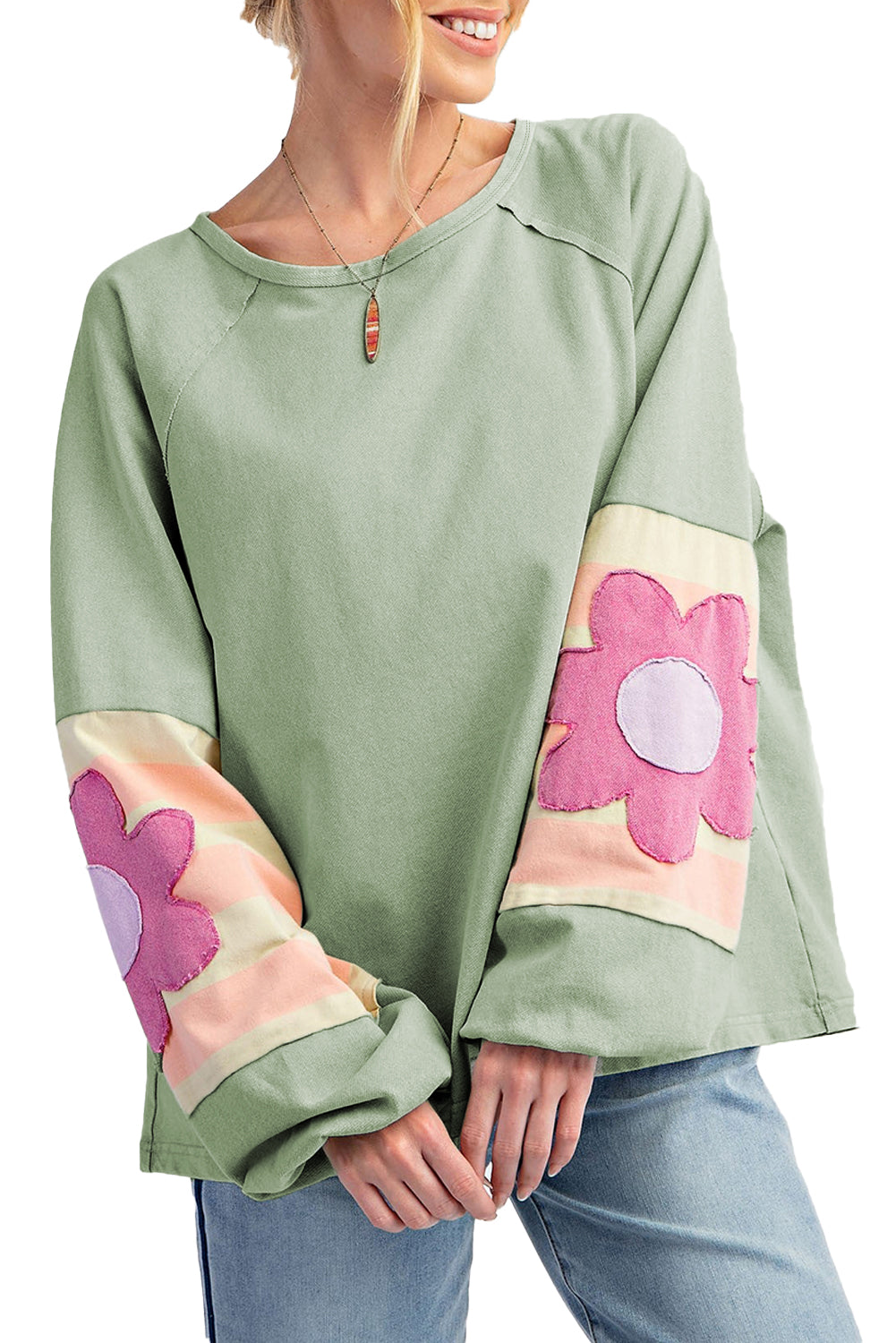 Flower Patchwork Raglan Sleeve Exposed Seam Oversized Top