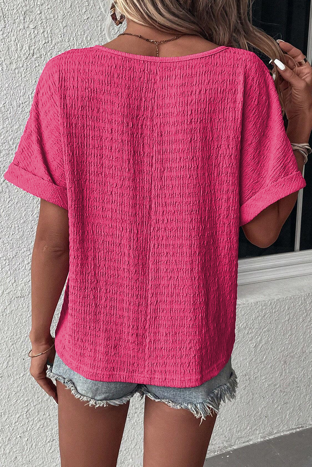 Soild color Textured Rolled Sleeve V Neck Tee