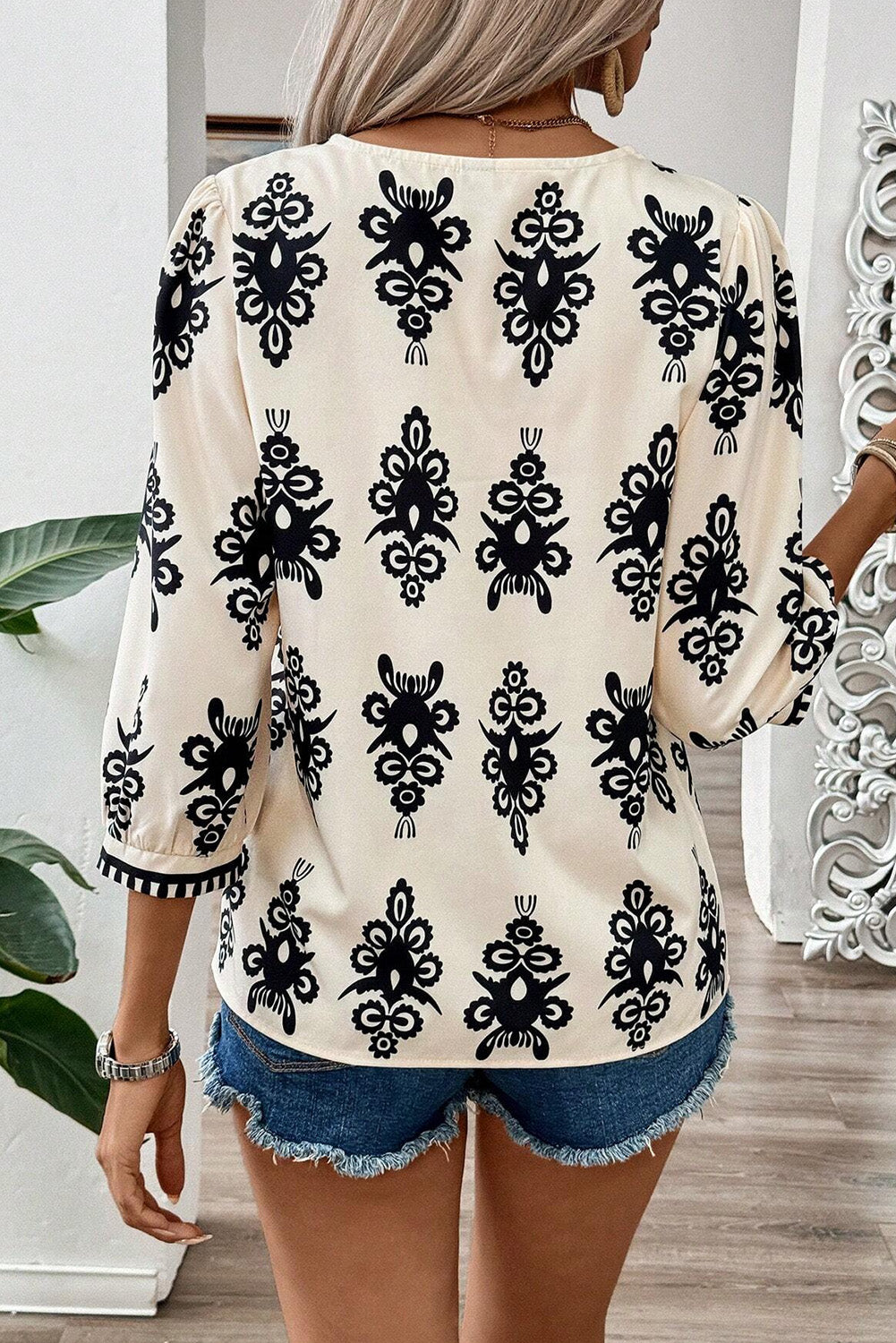 Vintage Geometric Printed 3/4 Sleeve V Neck Blouse