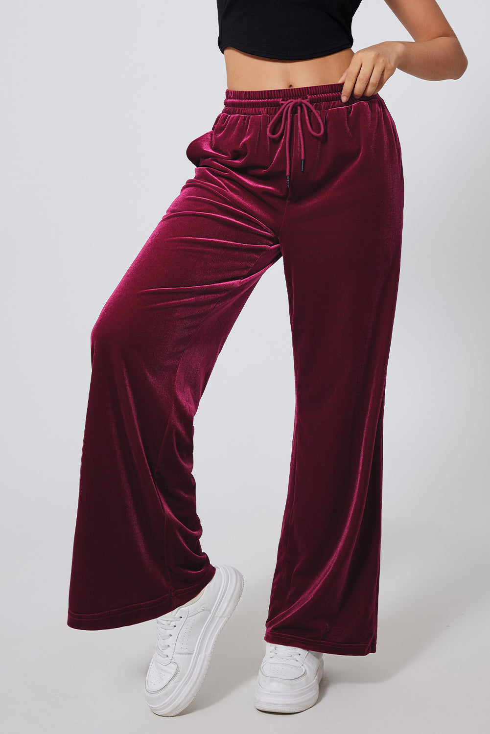 Solid Drawstring Waist Wide Leg Pants