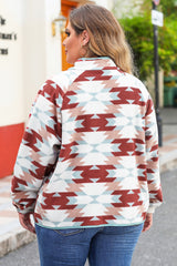 Fiery Red Western Aztec Buttoned Zipper Pockets Fleece Jacket