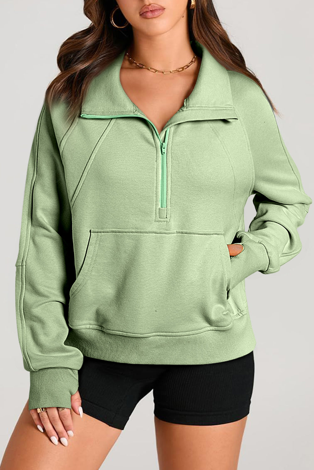 Solid Color Quarter Zip Stand Neck Kangaroo Pocket Sweatshirt