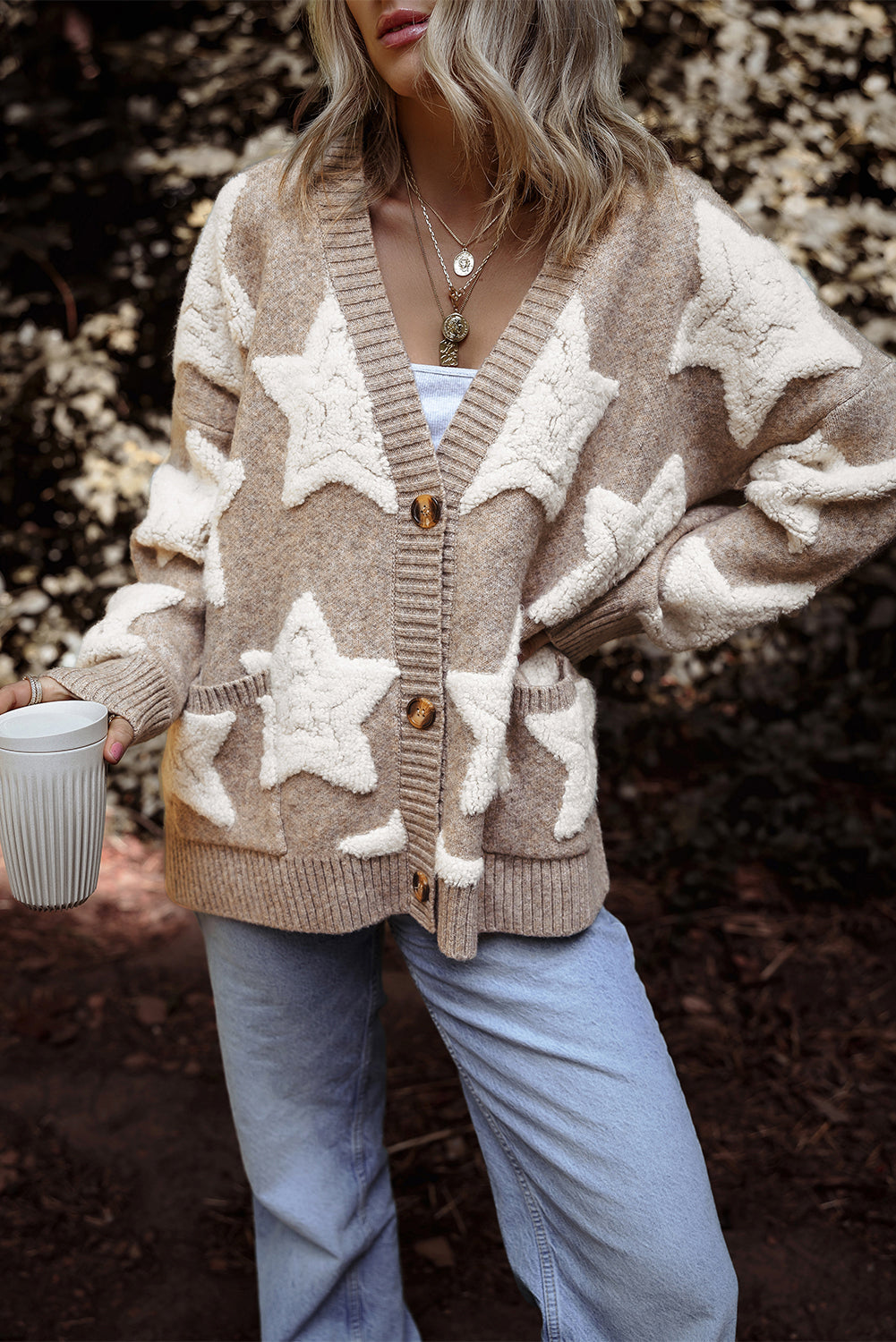 Star Pattern Textured Sweater Cardigan with Pockets