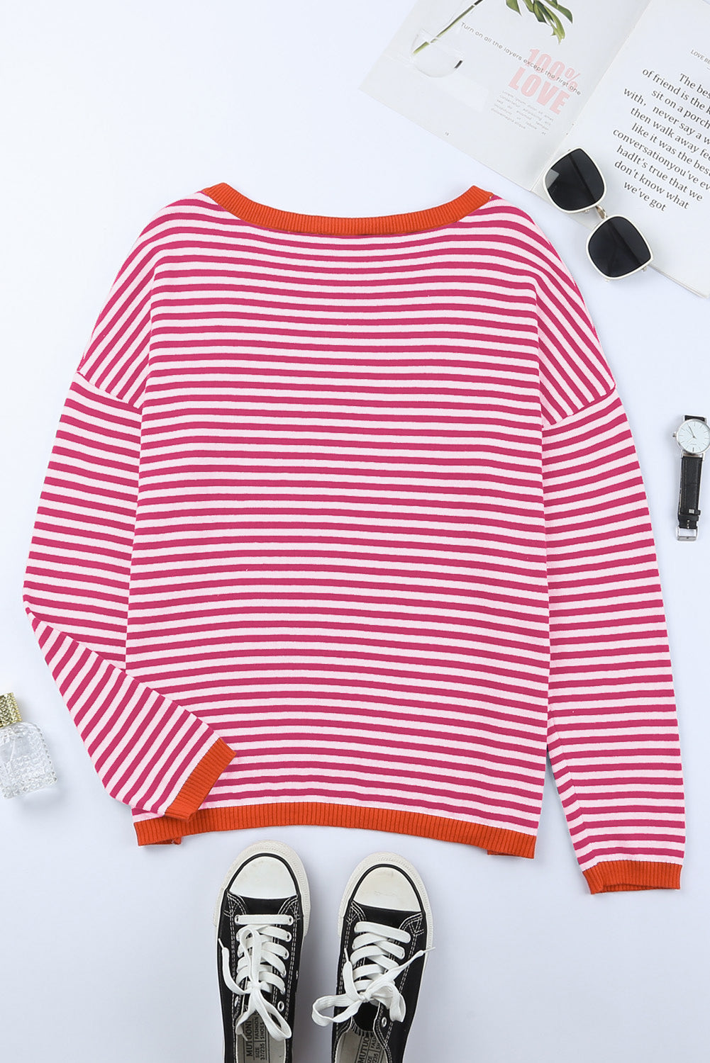 Contrast Trimmed Striped Drop Shoulder Sweater