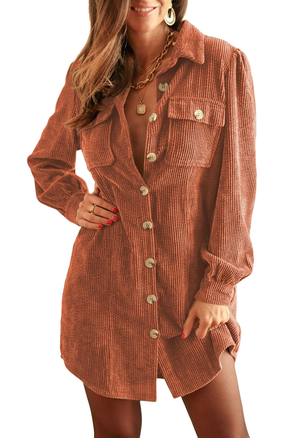 Khaki Corduroy Buttoned 	Long Sleeve Shirt Dress