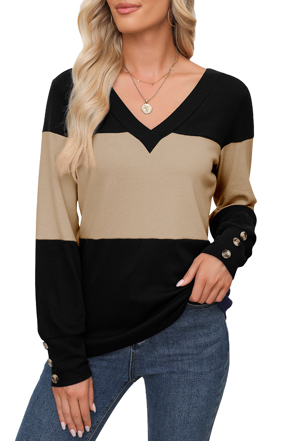 Stripe Colorblock Button Decor Long Sleeve V Neck Top