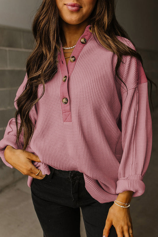 Waffle Long Sleeve Collar Half Button Loose Top